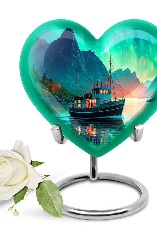 Luminous Teal Boat Honor Urn for Human Ashes - 10-inch, 200 cu in - Karyliz