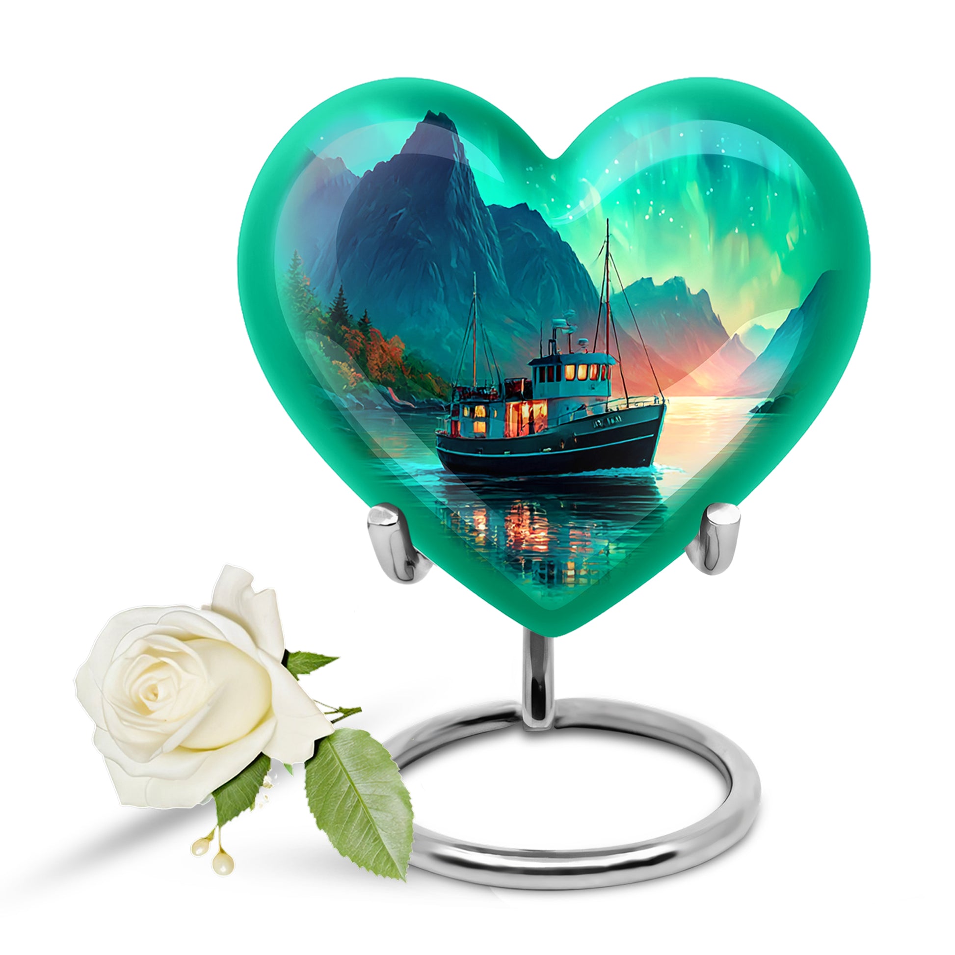 Luminous Teal Boat Honor Urn for Human Ashes - 10-inch, 200 cu in - Karyliz