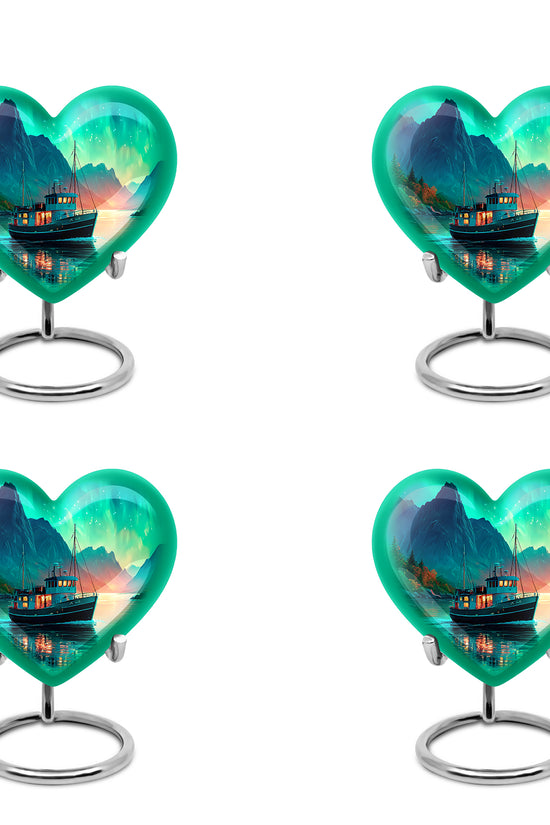 Soft Teal Boat Cremation Urn angled view of lid and engraved motif - loving heart memorial featuring boat pattern - 10 inch aluminum urn for cremated remains