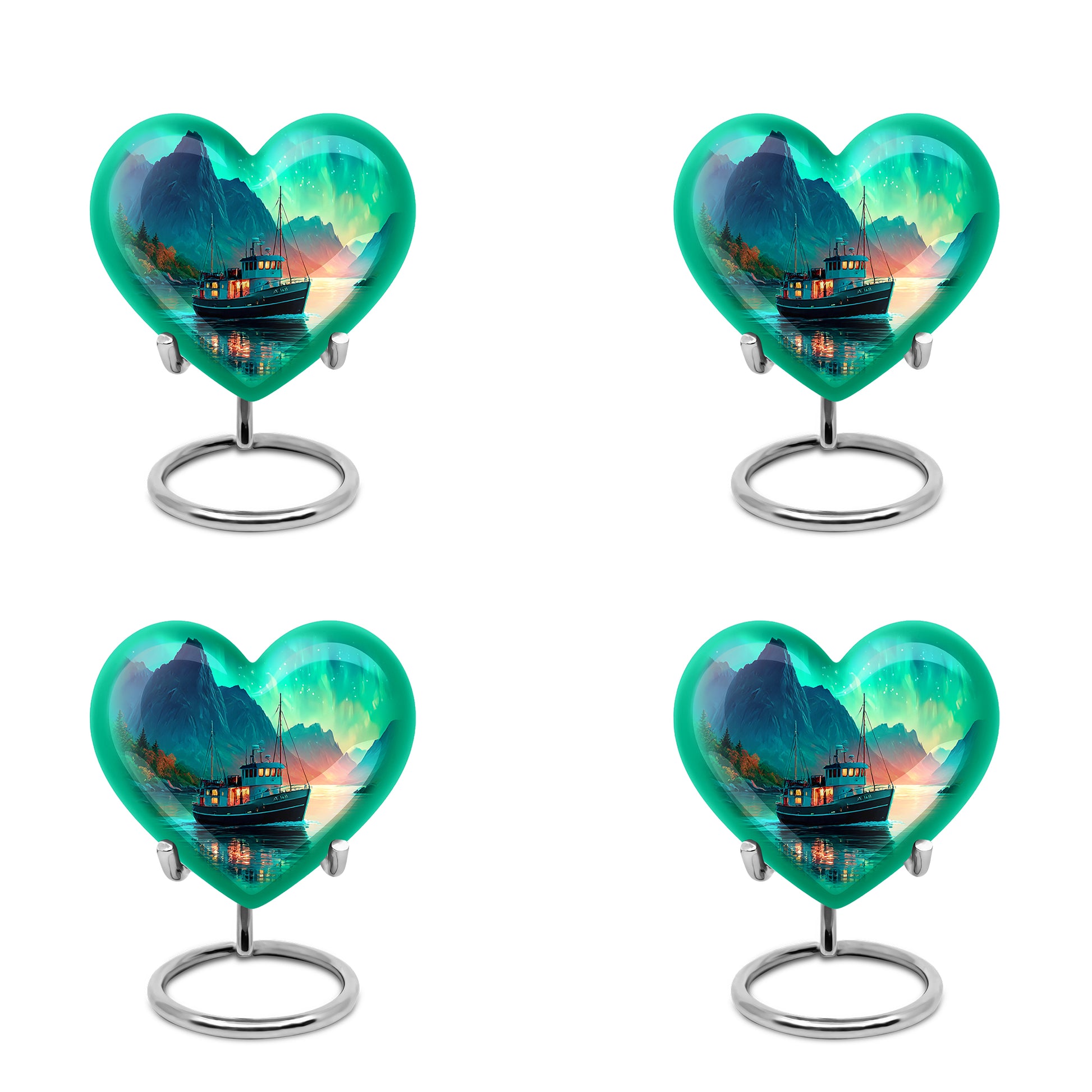 Soft Teal Boat Cremation Urn angled view of lid and engraved motif - loving heart memorial featuring boat pattern - 10 inch aluminum urn for cremated remains