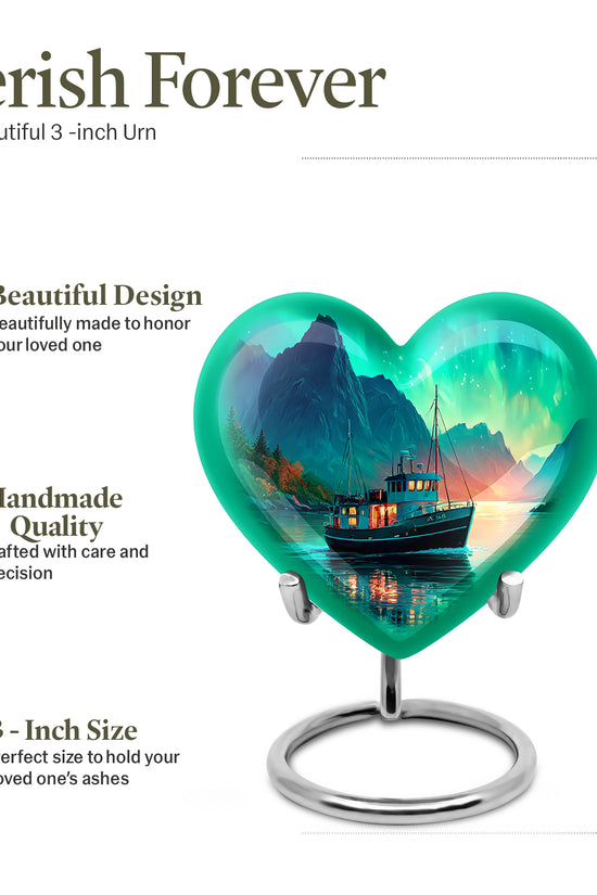 Sea Green Teal Boat Cremation Urn front view showing detailed design - heart-shaped boat design symbolizing eternal love - mini keepsake memorial for portion of cremation ashes