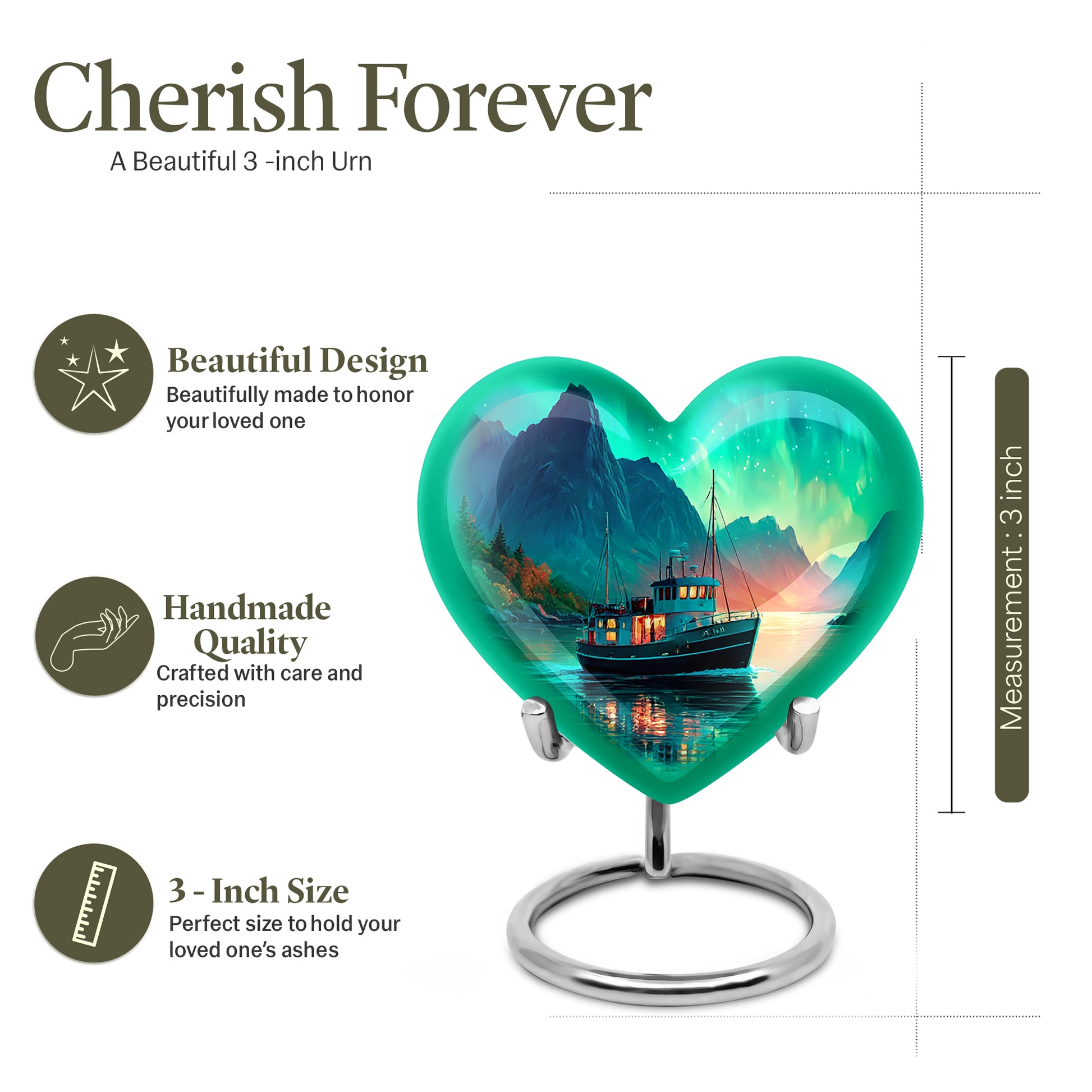 Sea Green Teal Boat Cremation Urn front view showing detailed design - heart-shaped boat design symbolizing eternal love - mini keepsake memorial for portion of cremation ashes