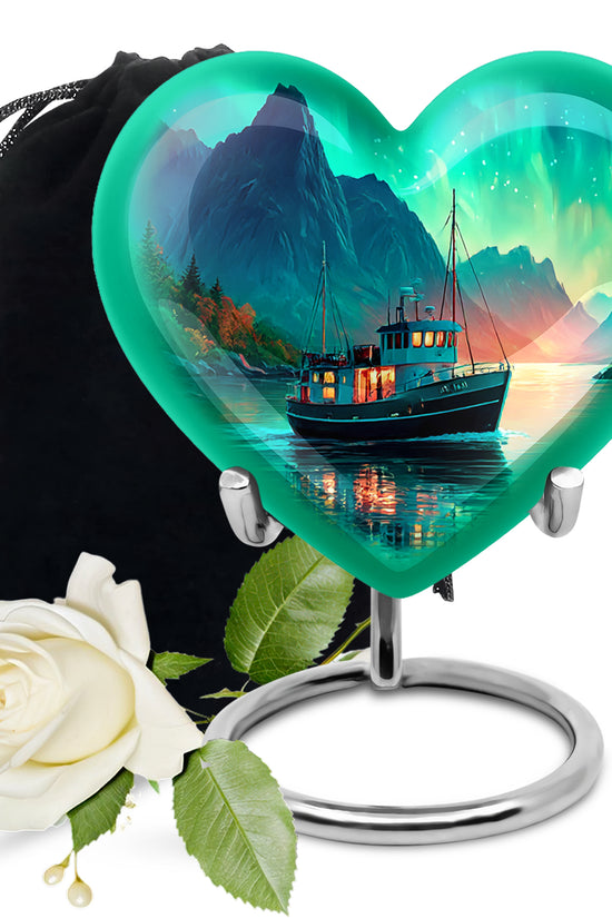 Ocean Teal Boat Cremation Urn detail view - loving heart memorial featuring boat pattern - full-size 10 inch 200 cubic inch adult cremation urn