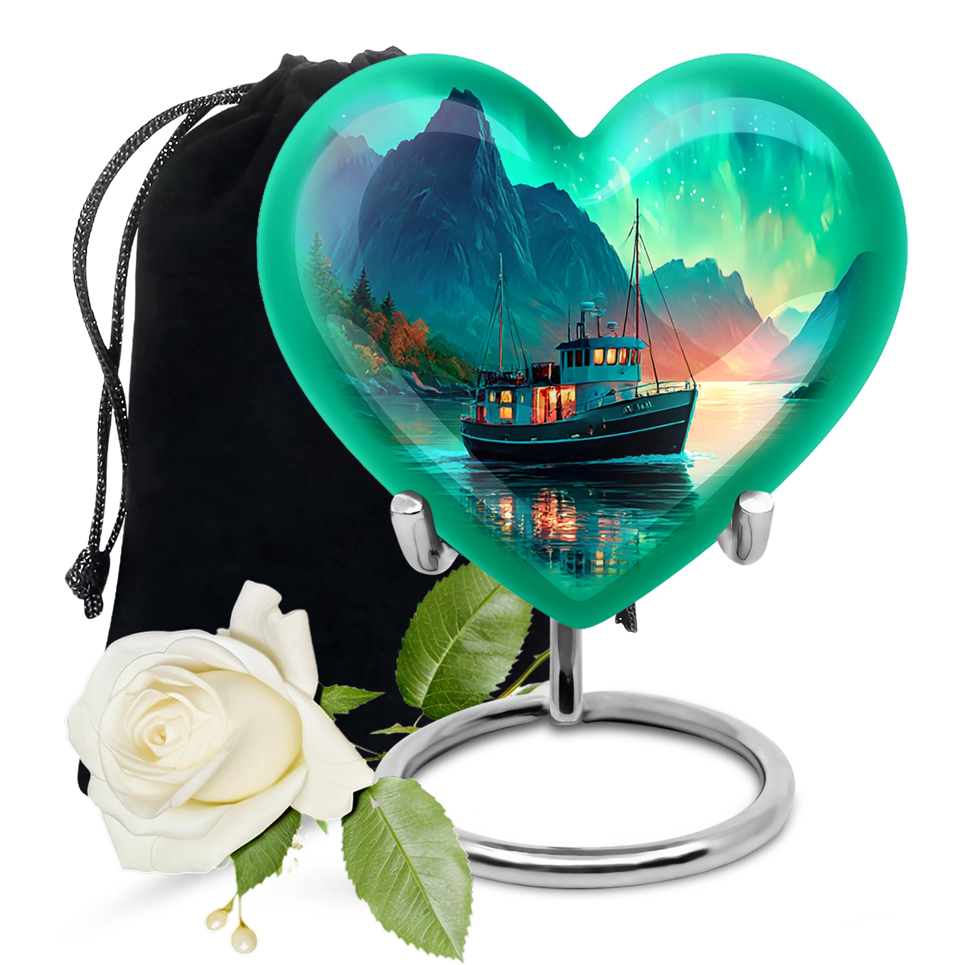 Ocean Teal Boat Cremation Urn detail view - loving heart memorial featuring boat pattern - full-size 10 inch 200 cubic inch adult cremation urn