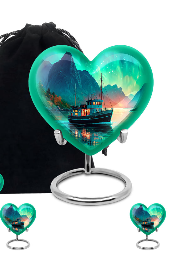 Tropical Teal Boat Cremation Urn close-up of engraving and surface detail - compassionate heart-boat combination with gentle curves - memorial set with one large and four small urns