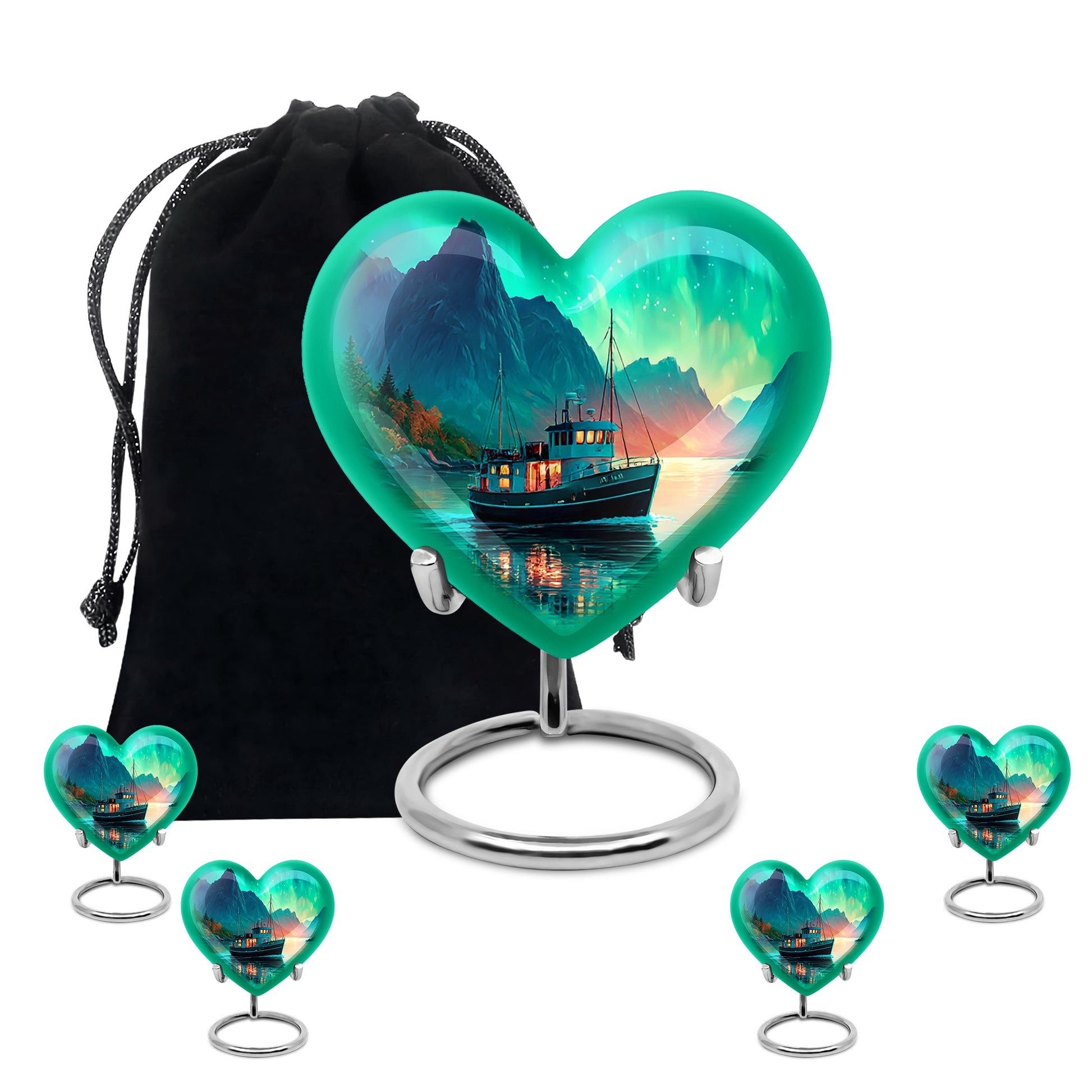 Tropical Teal Boat Cremation Urn close-up of engraving and surface detail - compassionate heart-boat combination with gentle curves - memorial set with one large and four small urns