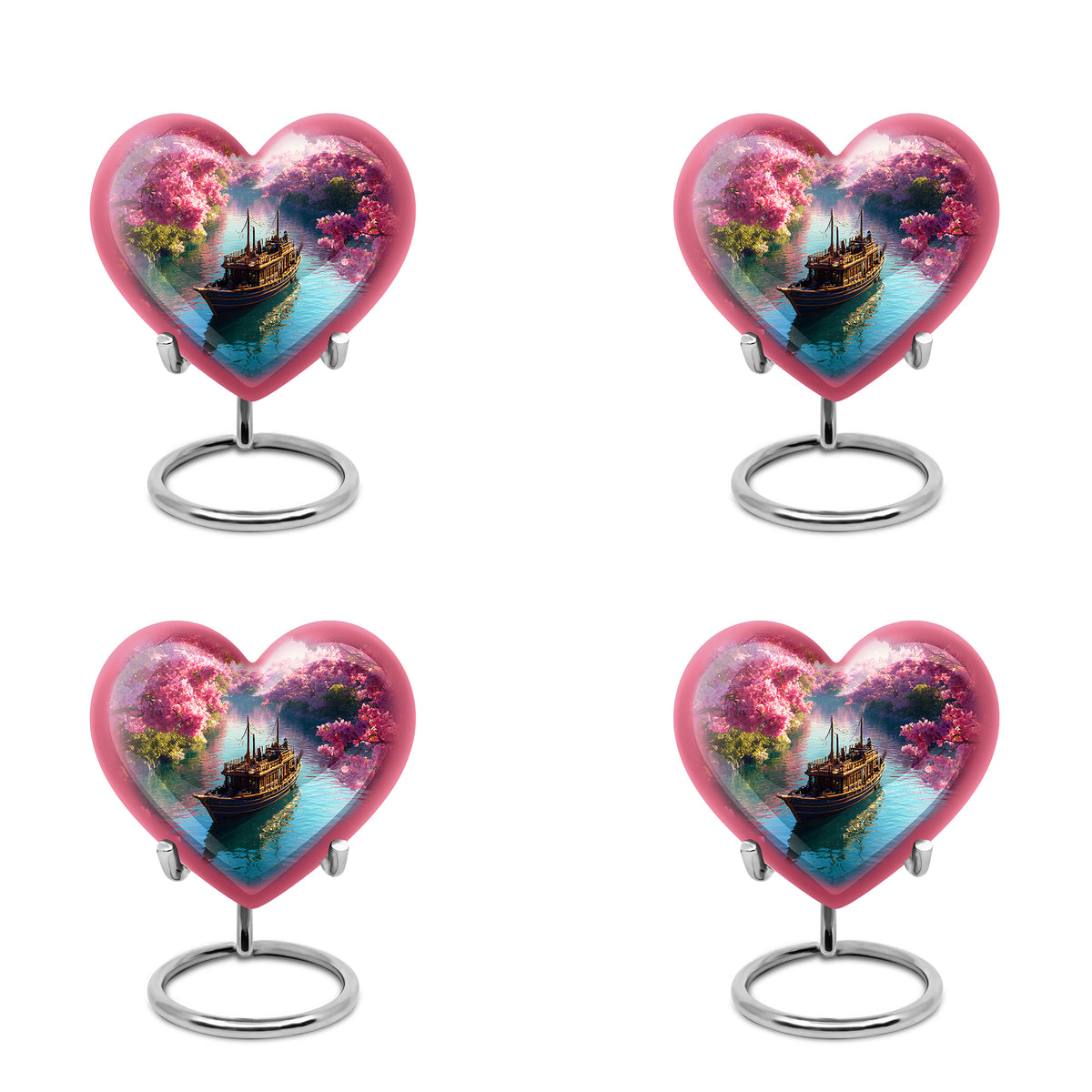 Coral Pink Boat Cremation Urn angled view of lid and engraved motif - loving heart memorial featuring boat pattern - 10 inch aluminum urn for cremated remains