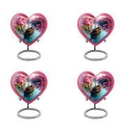 Coral Pink Boat Cremation Urn angled view of lid and engraved motif - loving heart memorial featuring boat pattern - 10 inch aluminum urn for cremated remains