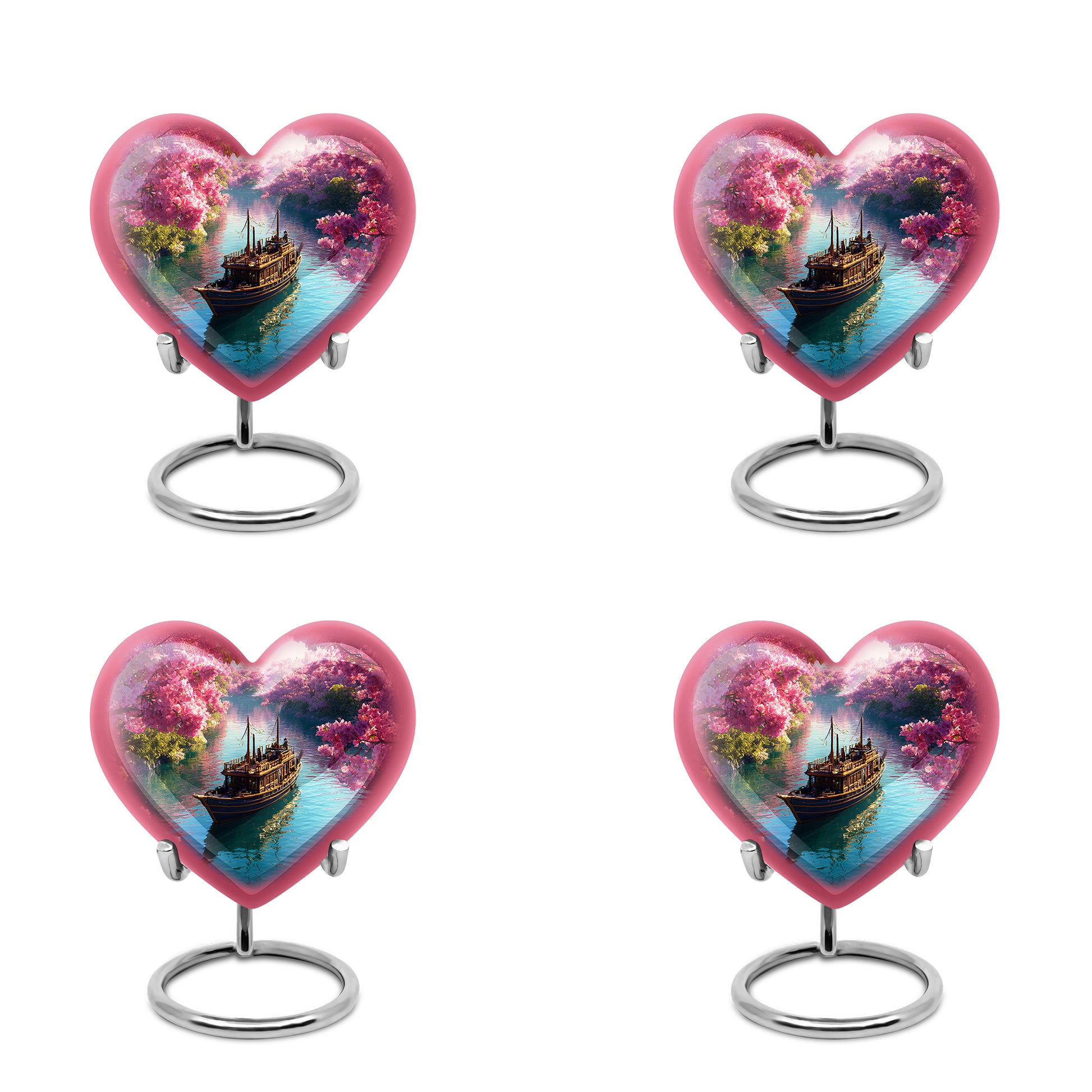 Coral Pink Boat Cremation Urn angled view of lid and engraved motif - loving heart memorial featuring boat pattern - 10 inch aluminum urn for cremated remains