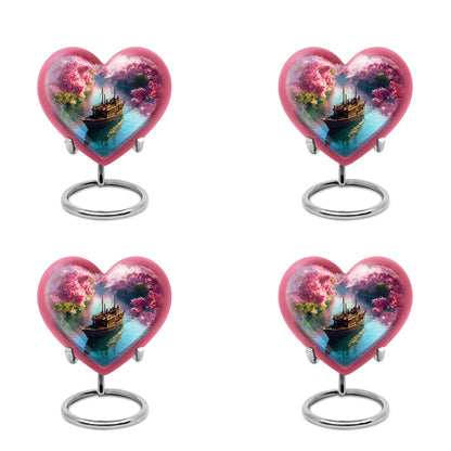 Coral Pink Boat Cremation Urn angled view of lid and engraved motif - loving heart memorial featuring boat pattern - 10 inch aluminum urn for cremated remains