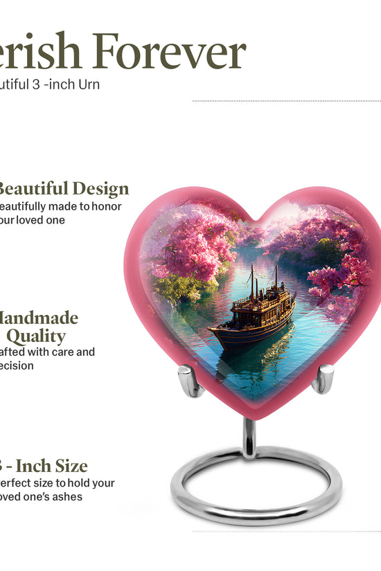 Rose Pink Boat Cremation Urn front view showing detailed design - loving heart memorial featuring boat pattern - mini keepsake memorial for portion of cremation ashes