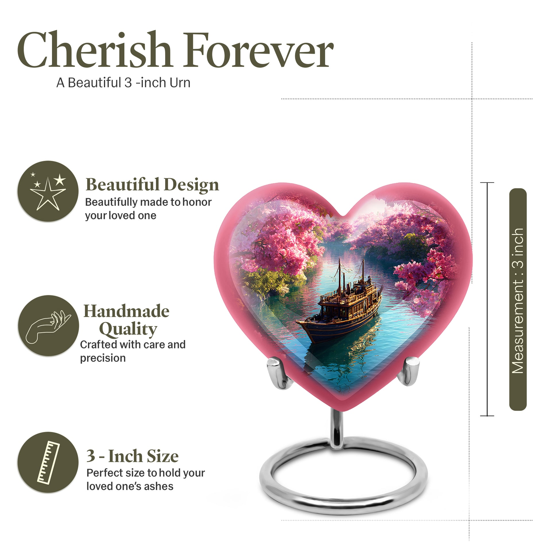 Rose Pink Boat Cremation Urn front view showing detailed design - loving heart memorial featuring boat pattern - mini keepsake memorial for portion of cremation ashes