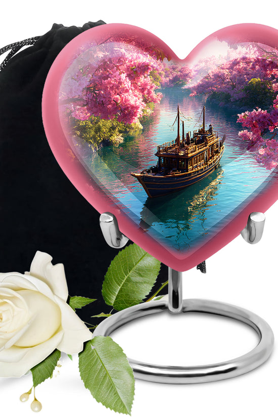 Salmon Pink Boat Cremation Urn detail view - compassionate heart-boat combination with gentle curves - full-size 10 inch 200 cubic inch adult cremation urn