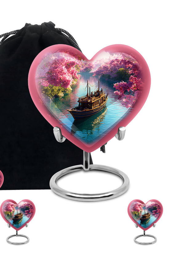 Peony Pink Boat Cremation Urn close-up of engraving and surface detail - loving heart memorial featuring boat pattern - memorial set with one large and four small urns