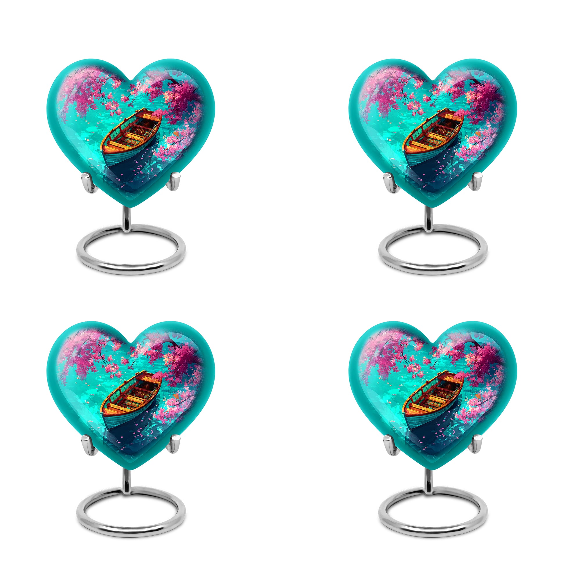Jewel Teal Boat Cremation Urn angled view of lid and engraved motif - loving heart memorial featuring boat pattern - 10 inch aluminum urn for cremated remains