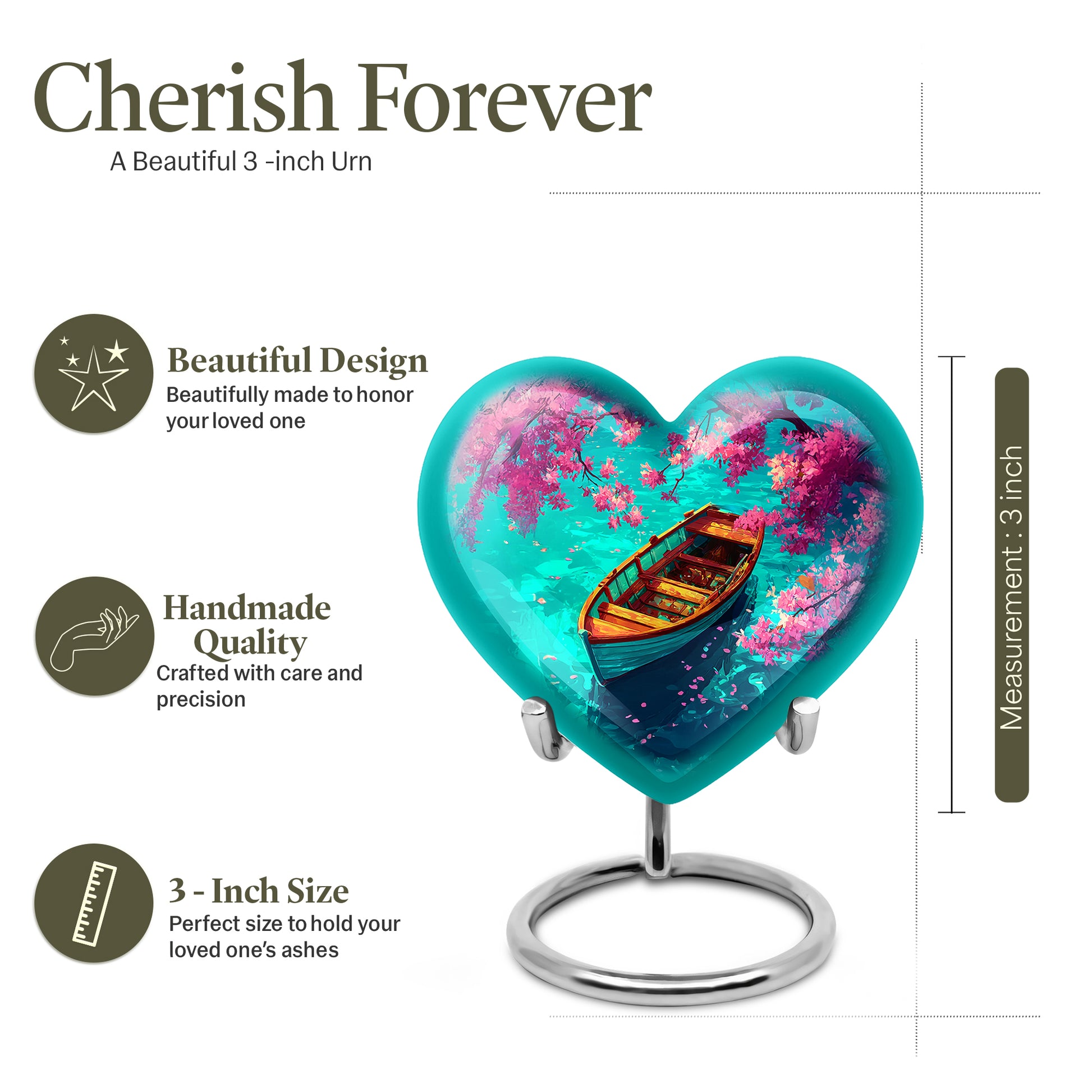 Deep Teal Boat Cremation Urn front view showing detailed design - romantic heart urn with boat motif on aluminum - mini keepsake memorial for portion of cremation ashes