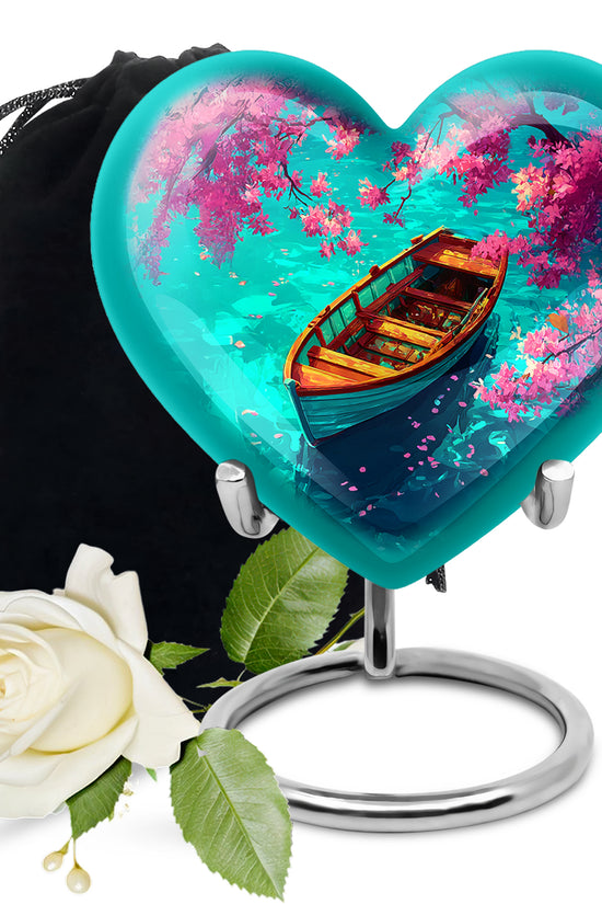 Aqua Teal Boat Cremation Urn detail view - compassionate heart-boat combination with gentle curves - full-size 10 inch 200 cubic inch adult cremation urn