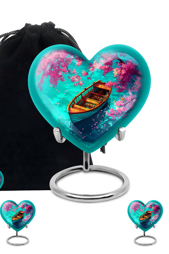 Sea Green Teal Boat Cremation Urn close-up of engraving and surface detail - loving heart memorial featuring boat pattern - memorial set with one large and four small urns