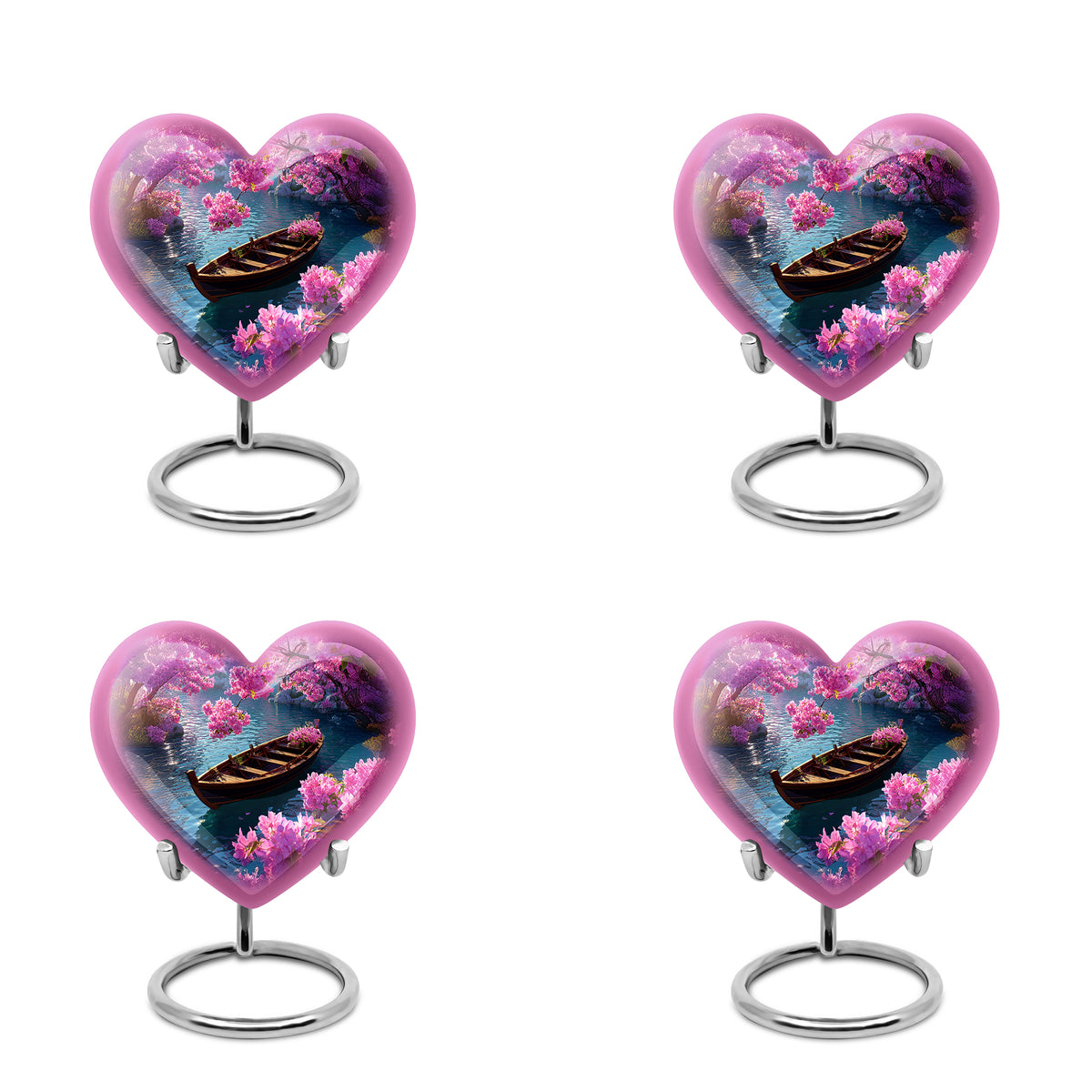 Dusty Blue Boat Cremation Urn angled view of lid and engraved motif - heart-shaped boat design symbolizing eternal love - 10 inch aluminum urn for cremated remains