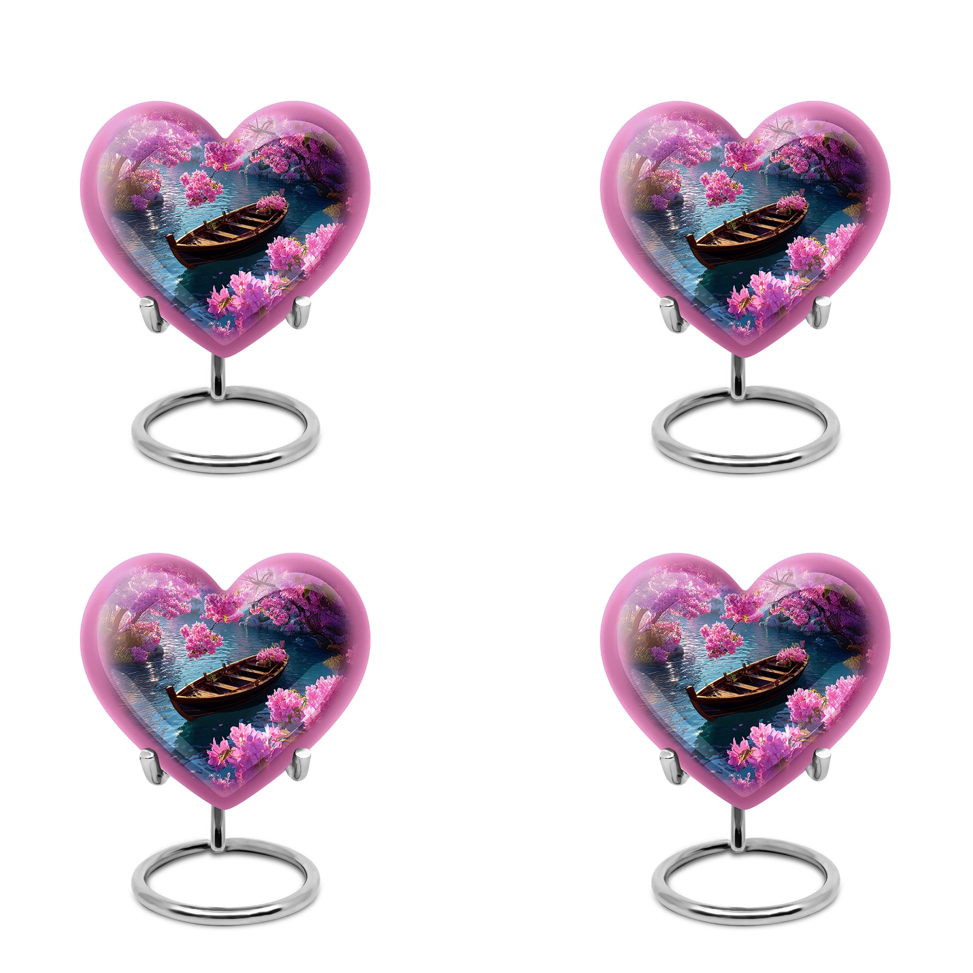 Dusty Blue Boat Cremation Urn angled view of lid and engraved motif - heart-shaped boat design symbolizing eternal love - 10 inch aluminum urn for cremated remains