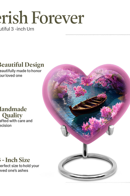 Azure Boat Cremation Urn front view showing detailed design - heart-shaped boat design symbolizing eternal love - mini keepsake memorial for portion of cremation ashes