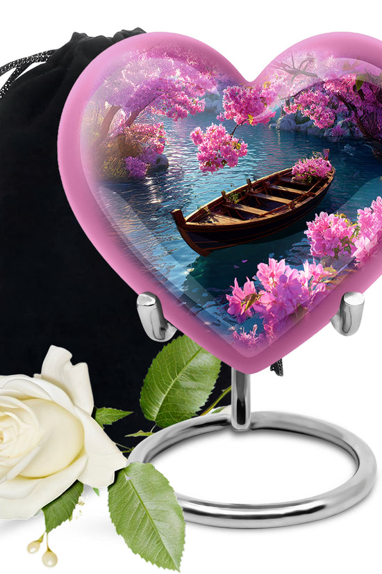 Sapphire Blue Boat Cremation Urn detail view - compassionate heart-boat combination with gentle curves - full-size 10 inch 200 cubic inch adult cremation urn