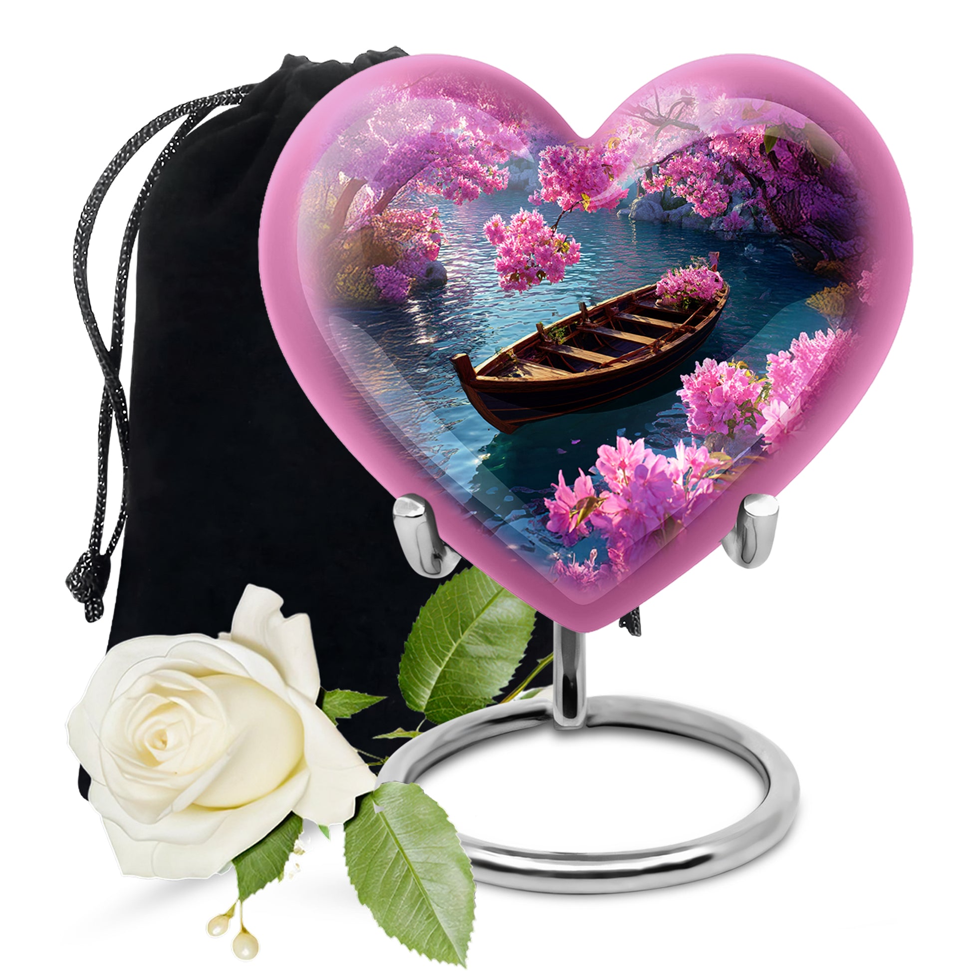 Sapphire Blue Boat Cremation Urn detail view - compassionate heart-boat combination with gentle curves - full-size 10 inch 200 cubic inch adult cremation urn