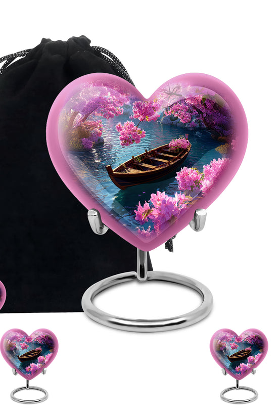 Serene Blue Boat Cremation Urn close-up of engraving and surface detail - compassionate heart-boat combination with gentle curves - memorial set with one large and four small urns