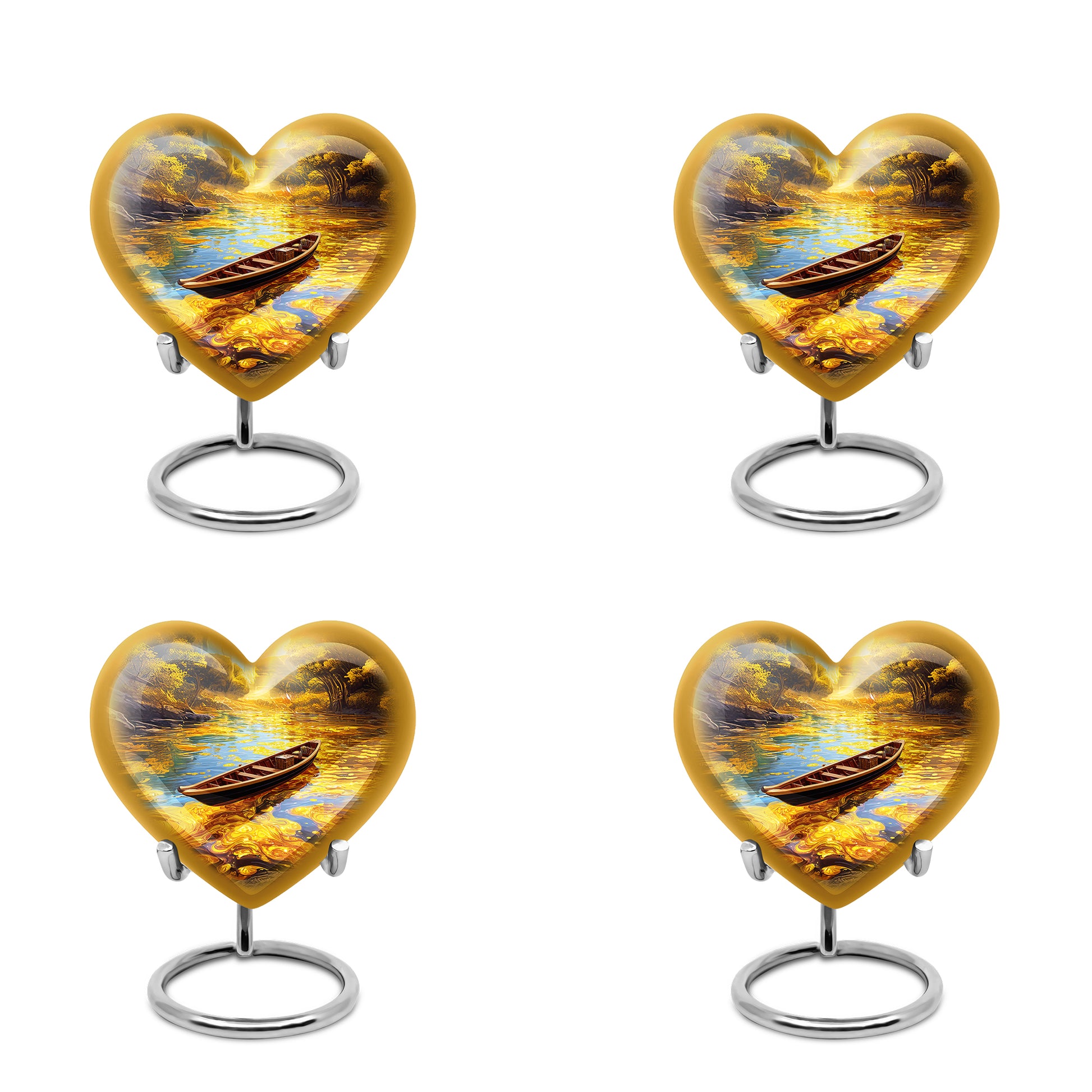 Warm Gold Boat Cremation Urn angled view of lid and engraved motif - romantic heart urn with boat motif on aluminum - 10 inch aluminum urn for cremated remains