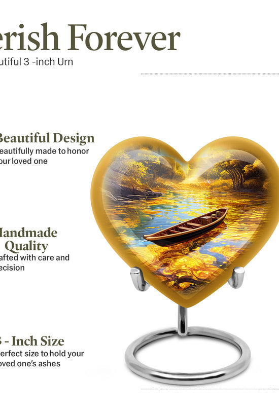 Champagne Gold Boat Cremation Urn front view showing detailed design - loving heart memorial featuring boat pattern - mini keepsake memorial for portion of cremation ashes