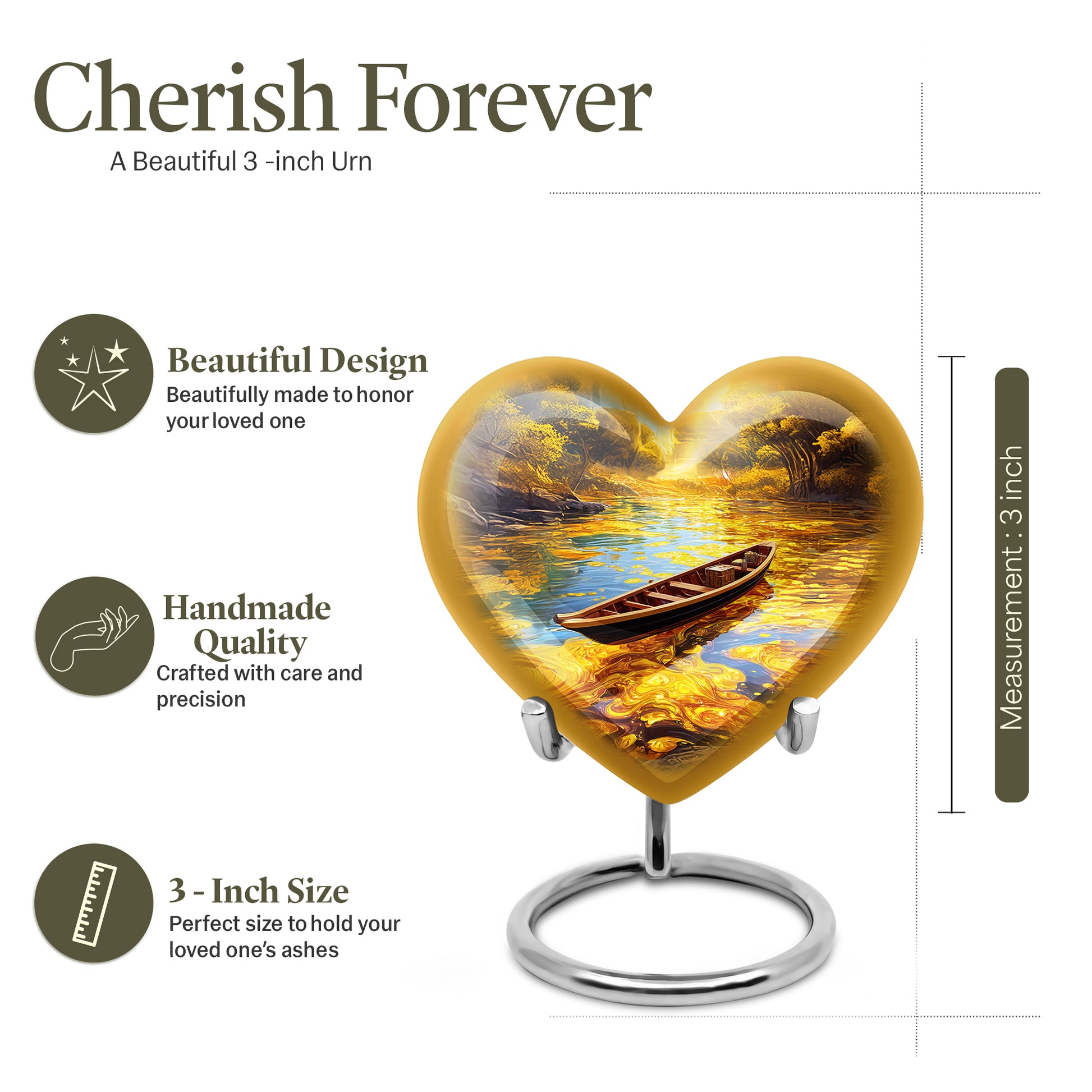 Champagne Gold Boat Cremation Urn front view showing detailed design - loving heart memorial featuring boat pattern - mini keepsake memorial for portion of cremation ashes