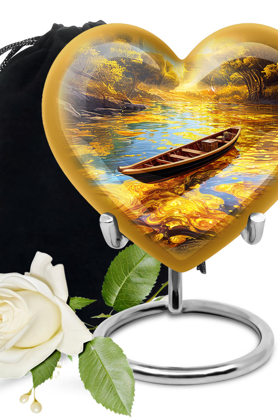 Harvest Gold Boat Cremation Urn detail view - romantic heart urn with boat motif on aluminum - full-size 10 inch 200 cubic inch adult cremation urn