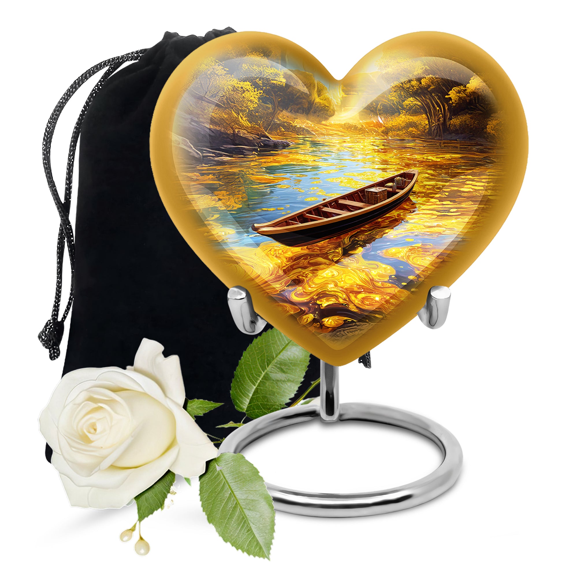 Harvest Gold Boat Cremation Urn detail view - romantic heart urn with boat motif on aluminum - full-size 10 inch 200 cubic inch adult cremation urn