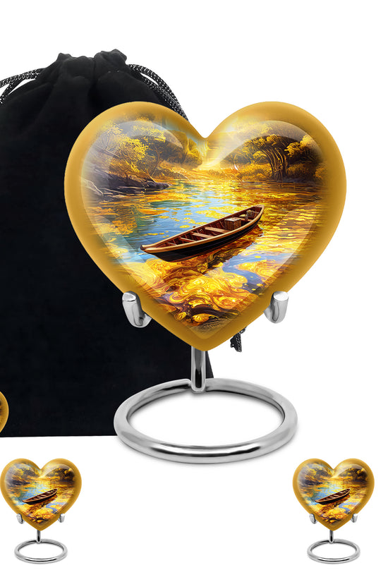Champagne Gold Boat Cremation Urn close-up of engraving and surface detail - loving heart memorial featuring boat pattern - memorial set with one large and four small urns