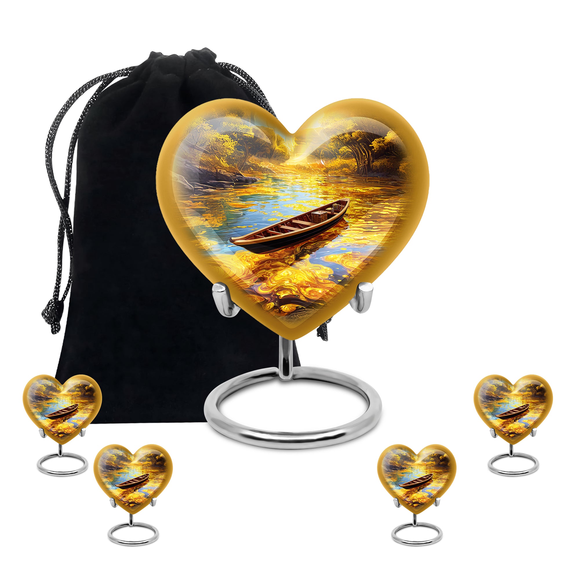 Champagne Gold Boat Cremation Urn close-up of engraving and surface detail - loving heart memorial featuring boat pattern - memorial set with one large and four small urns
