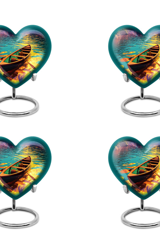 Jewel Teal Boat Cremation Urn angled view of lid and engraved motif - heart-shaped boat design symbolizing eternal love - 10 inch aluminum urn for cremated remains