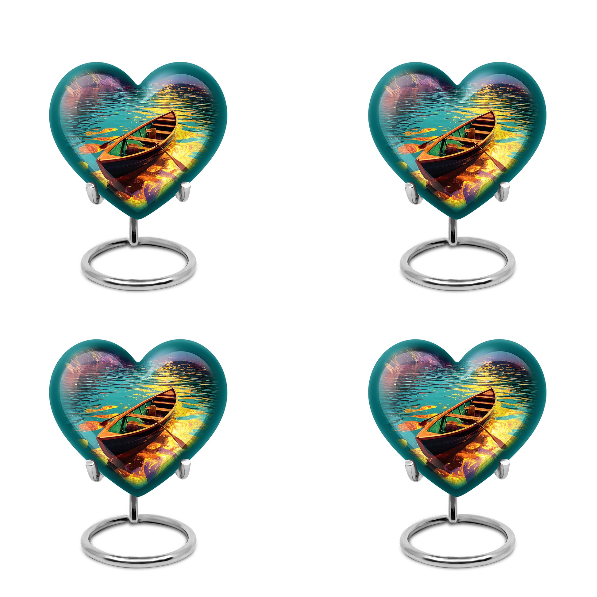 Jewel Teal Boat Cremation Urn angled view of lid and engraved motif - heart-shaped boat design symbolizing eternal love - 10 inch aluminum urn for cremated remains