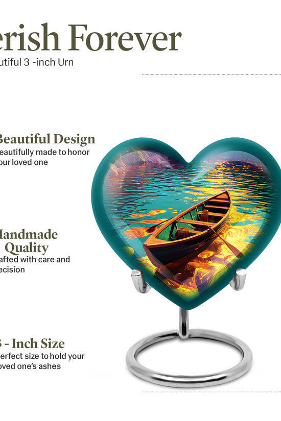 Mystic Teal Boat Cremation Urn front view showing detailed design - romantic heart urn with boat motif on aluminum - mini keepsake memorial for portion of cremation ashes