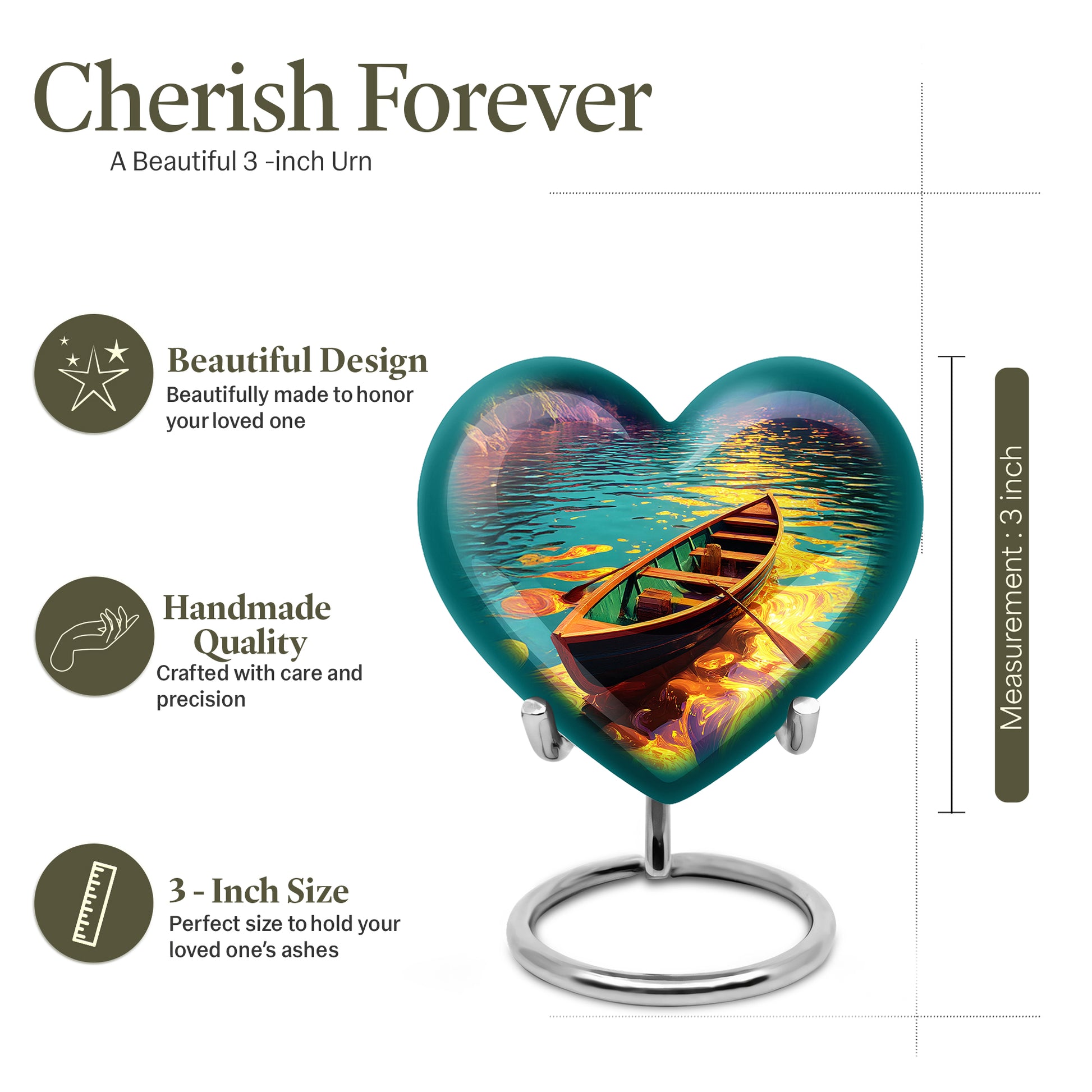 Mystic Teal Boat Cremation Urn front view showing detailed design - romantic heart urn with boat motif on aluminum - mini keepsake memorial for portion of cremation ashes