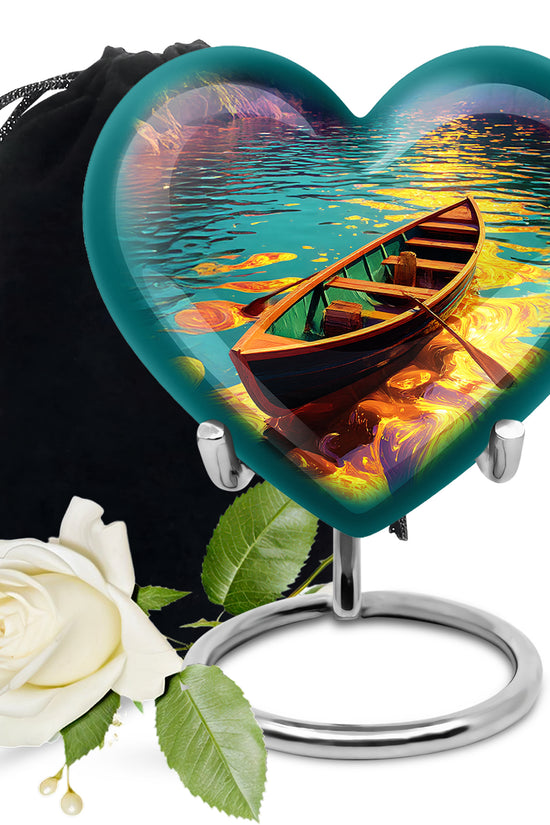 Tropical Teal Boat Cremation Urn detail view - romantic heart urn with boat motif on aluminum - full-size 10 inch 200 cubic inch adult cremation urn