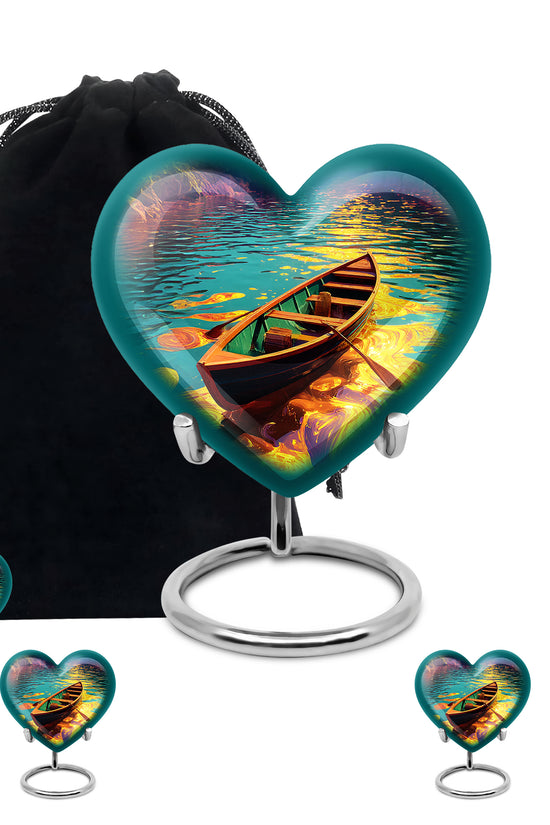 Soft Teal Boat Cremation Urn close-up of engraving and surface detail - heart-shaped boat design symbolizing eternal love - memorial set with one large and four small urns