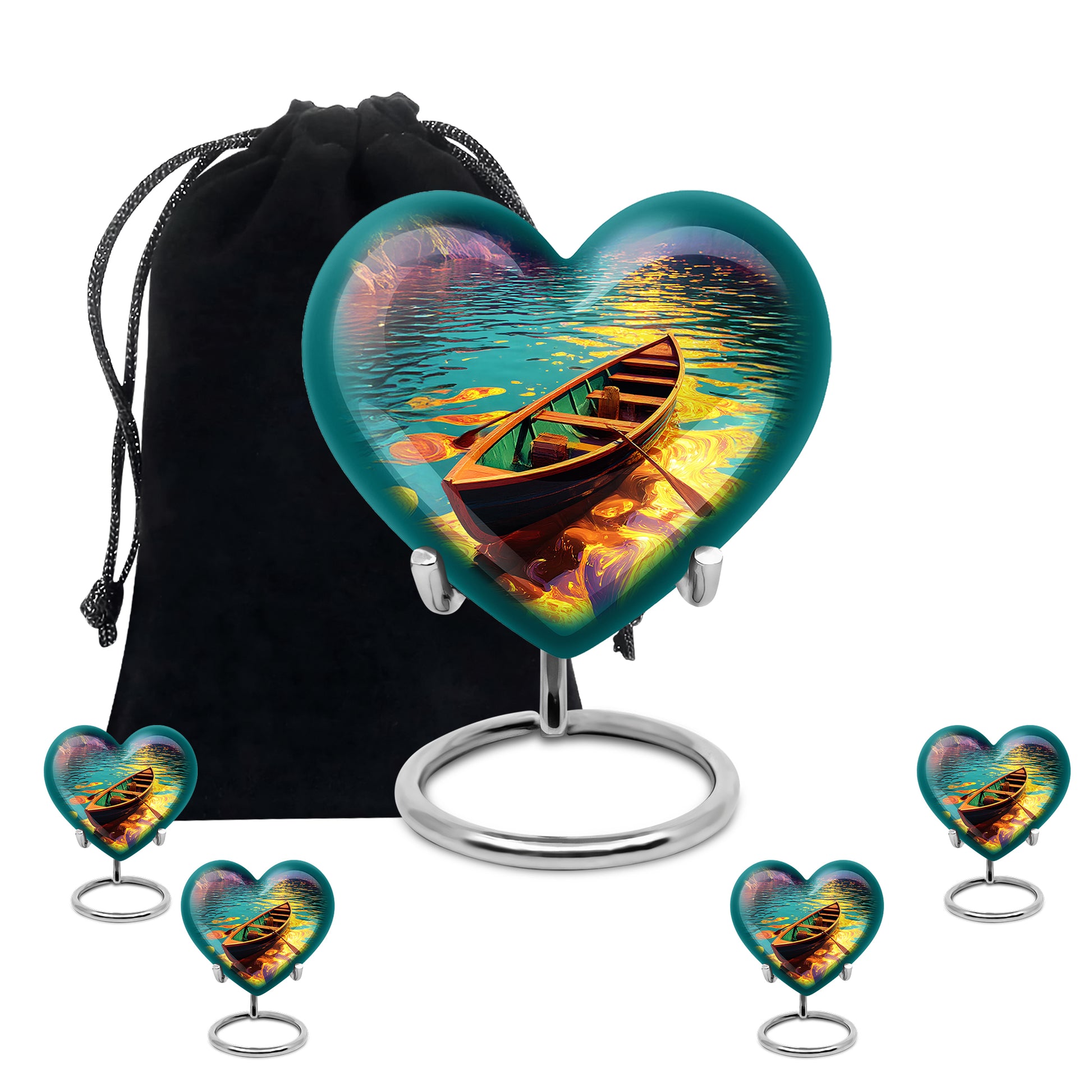 Soft Teal Boat Cremation Urn close-up of engraving and surface detail - heart-shaped boat design symbolizing eternal love - memorial set with one large and four small urns