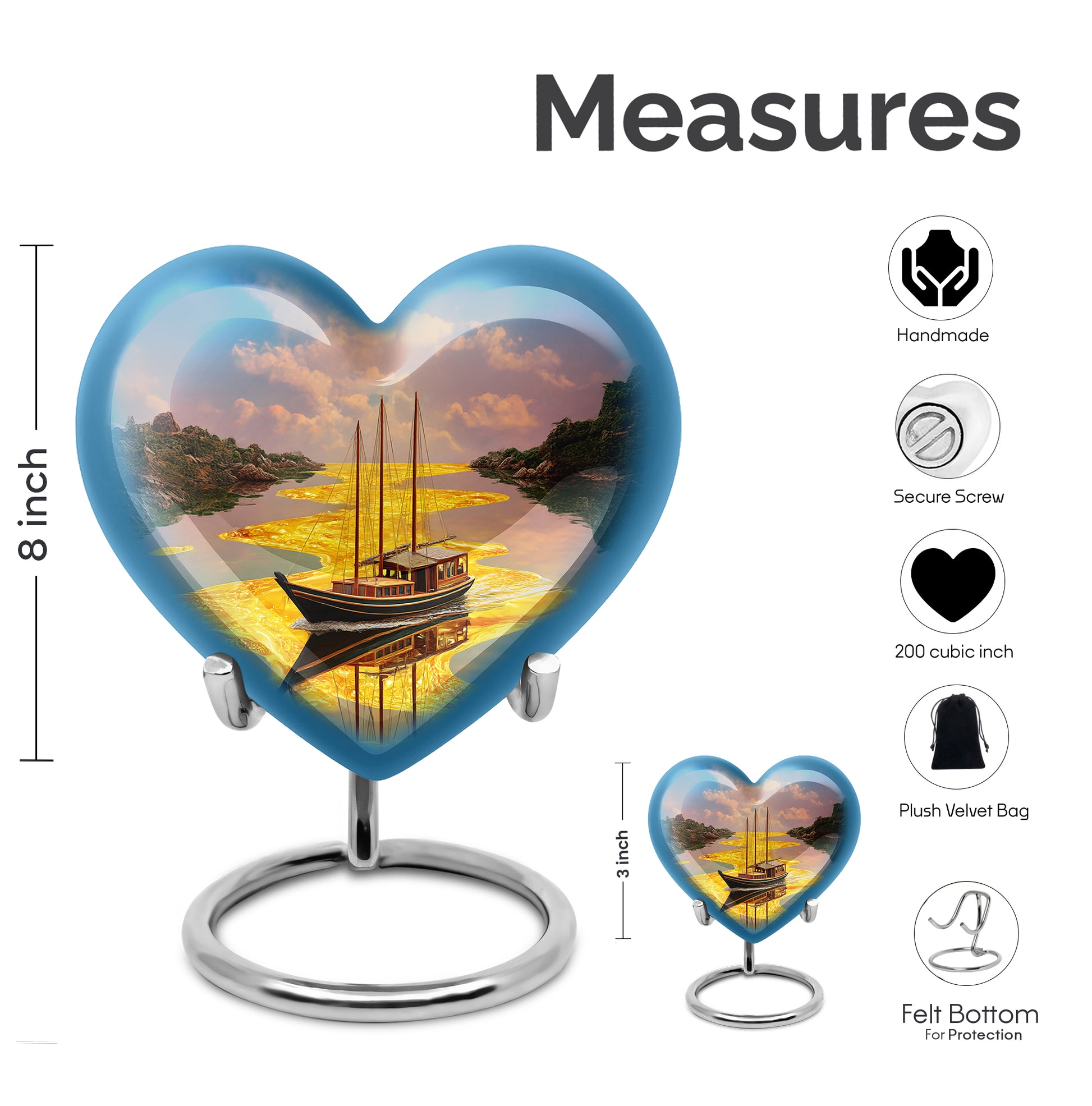 Royal Gold Boat Cremation Urn front view showing detailed design - romantic heart urn with boat motif on aluminum - mini keepsake memorial for portion of cremation ashes