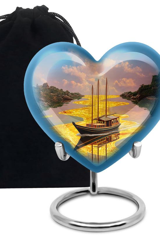 Sunrise Gold Boat Cremation Urn detail view - heart-shaped boat design symbolizing eternal love - full-size 10 inch 200 cubic inch adult cremation urn