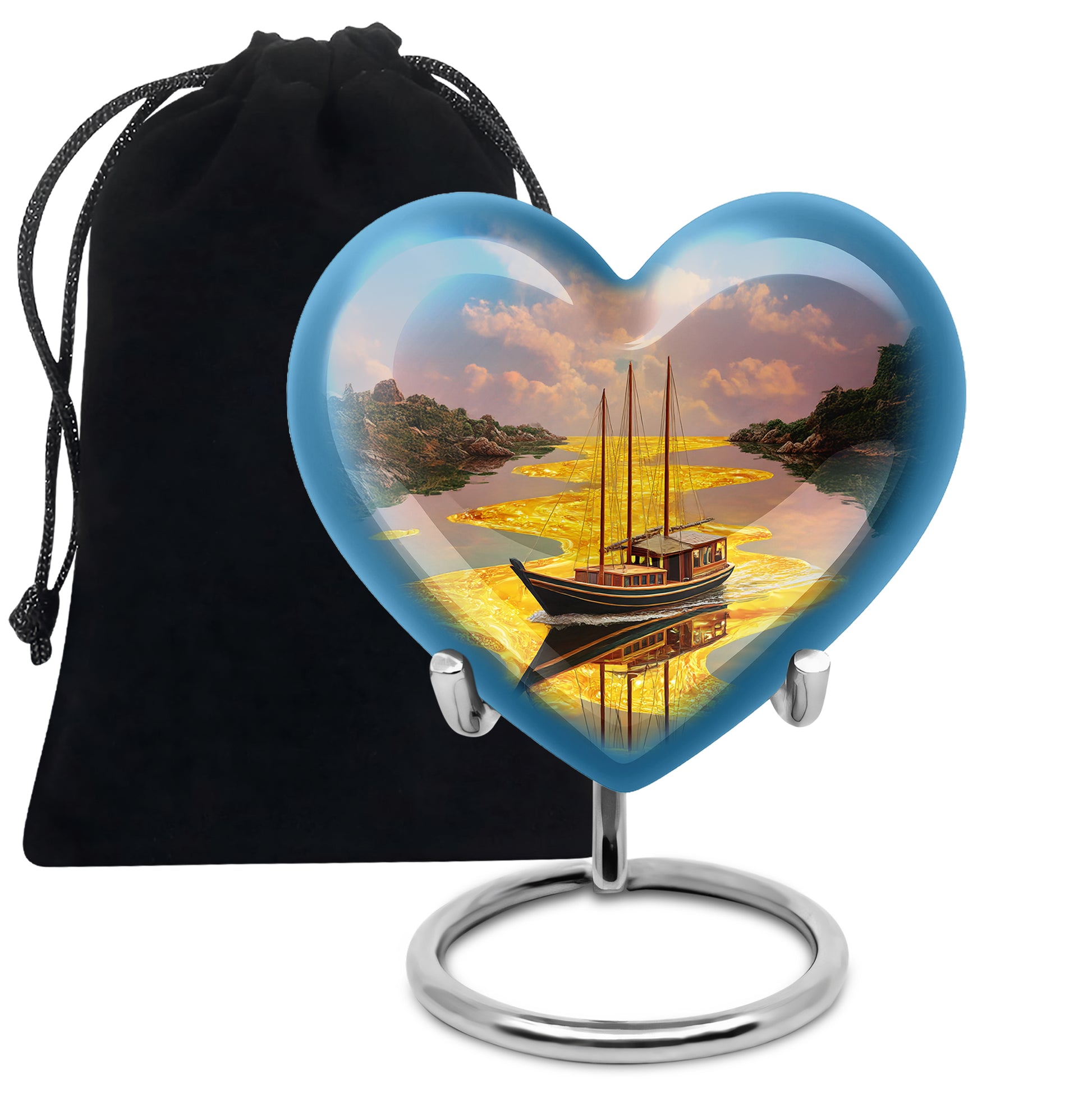 Sunrise Gold Boat Cremation Urn detail view - heart-shaped boat design symbolizing eternal love - full-size 10 inch 200 cubic inch adult cremation urn