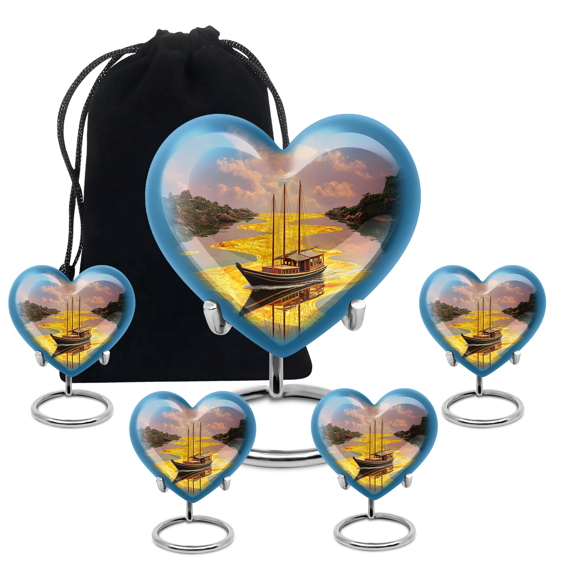 Sunrise Gold Boat Cremation Urn close-up of engraving and surface detail - heart-shaped boat design symbolizing eternal love - memorial set with one large and four small urns