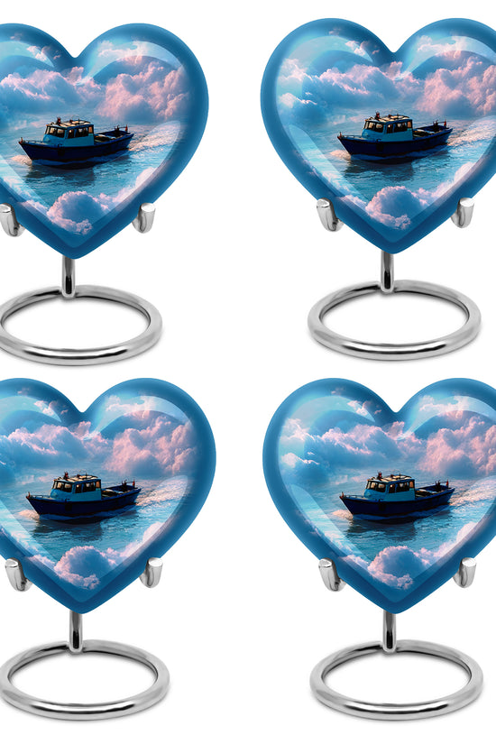 Slate Blue Boat Cremation Urn angled view of lid and engraved motif - loving heart memorial featuring boat pattern - 10 inch aluminum urn for cremated remains