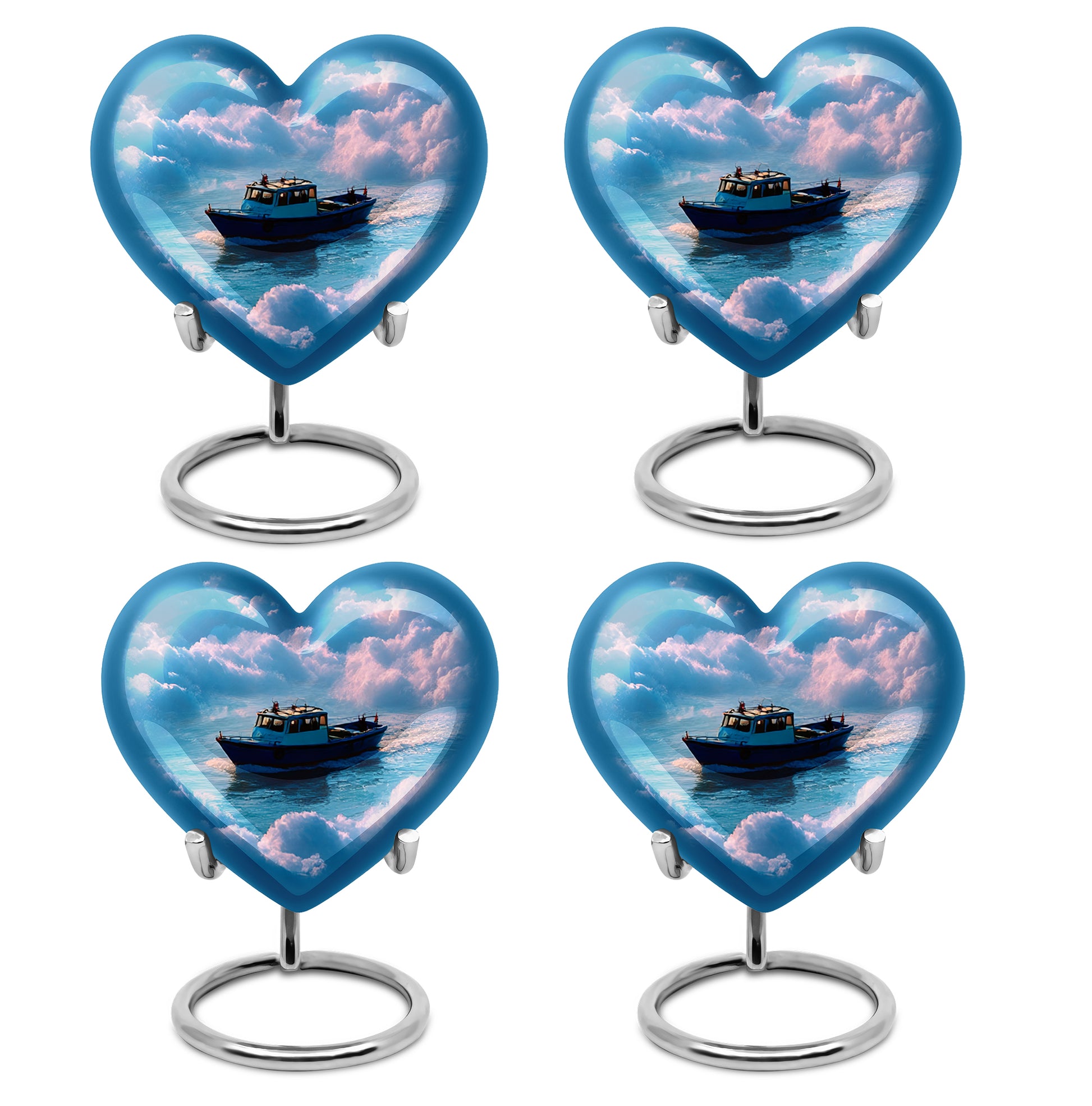Slate Blue Boat Cremation Urn angled view of lid and engraved motif - loving heart memorial featuring boat pattern - 10 inch aluminum urn for cremated remains