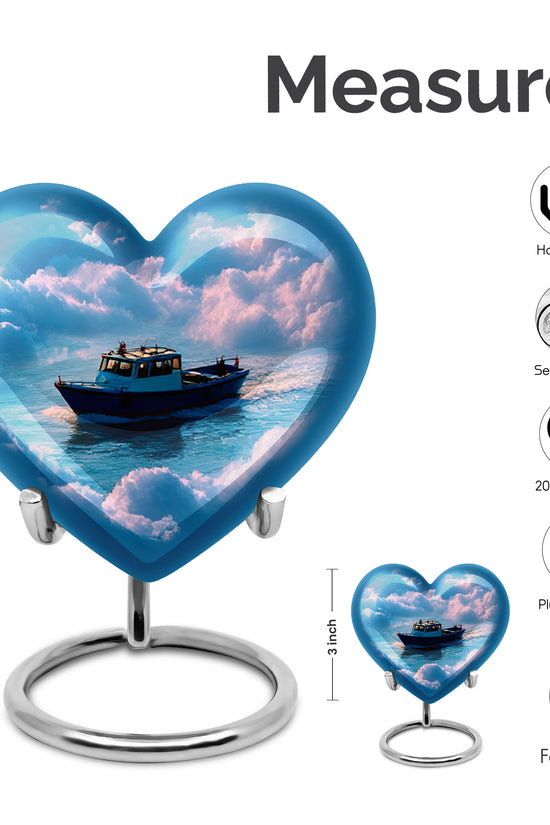 Bright Blue Boat Cremation Urn front view showing detailed design - compassionate heart-boat combination with gentle curves - mini keepsake memorial for portion of cremation ashes