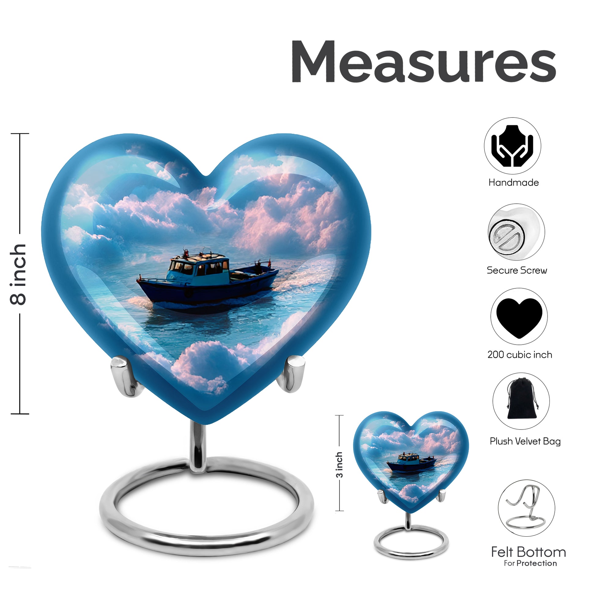 Bright Blue Boat Cremation Urn front view showing detailed design - compassionate heart-boat combination with gentle curves - mini keepsake memorial for portion of cremation ashes